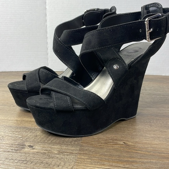 G by Guess Womens Heethe Black Faux Open Toe Wedge Heels Slingback Strappy sz 8 - Picture 8 of 14